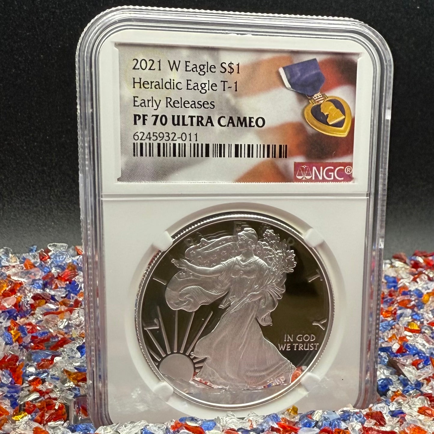 Proof 2021 (W) $1 American Silver Eagle NGC PF70UC T-1 Purple Heart Label White Core (1 of 5,344)