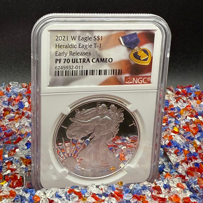 Proof 2021 (W) $1 American Silver Eagle NGC PF70UC T-1 Purple Heart Label White Core (1 of 5,344)