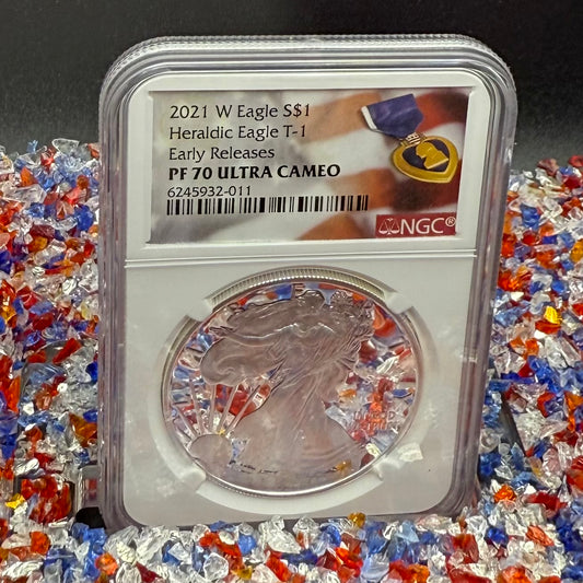Proof 2021 (W) $1 American Silver Eagle NGC PF70UC T-1 Purple Heart Label White Core (1 of 5,344)