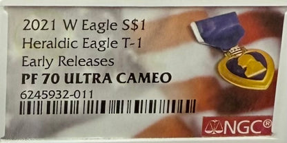Proof 2021 (W) $1 American Silver Eagle NGC PF70UC T-1 Purple Heart Label White Core (1 of 5,344)