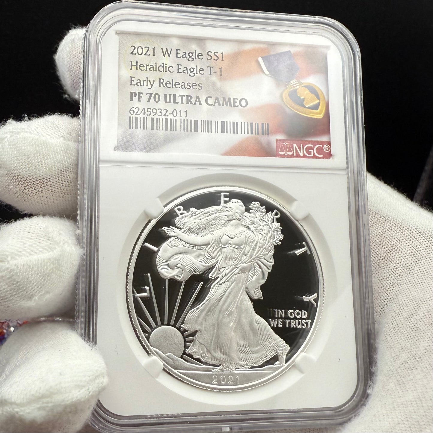 Proof 2021 (W) $1 American Silver Eagle NGC PF70UC T-1 Purple Heart Label White Core (1 of 5,344)