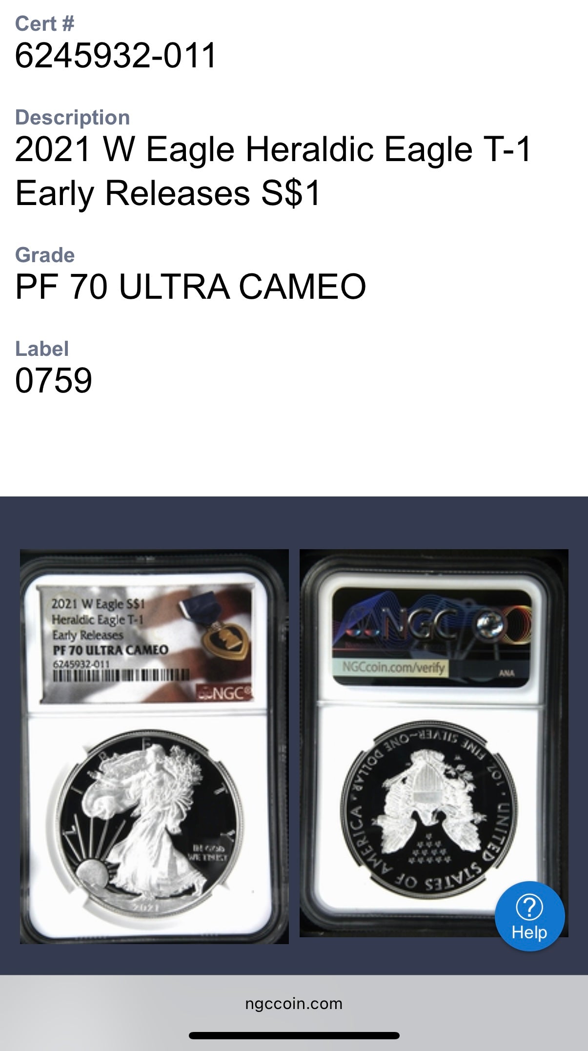 Proof 2021 (W) $1 American Silver Eagle NGC PF70UC T-1 Purple Heart Label White Core (1 of 5,344)