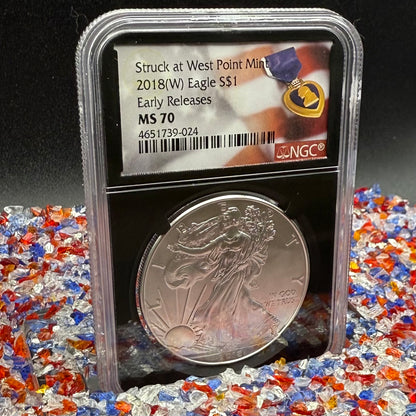 2018 $1 American Silver Eagle NGC MS70 Early Releases Purple Heart Black Holder Rare 1 of 3,360 Mint