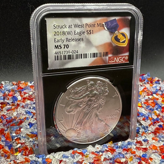 2018 $1 American Silver Eagle NGC MS70 Early Releases Purple Heart Black Holder Rare 1 of 3,360 Mint