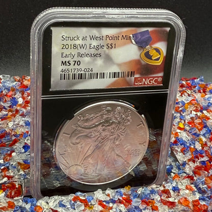 2018 $1 American Silver Eagle NGC MS70 Early Releases Purple Heart Black Holder Rare 1 of 3,360 Mint