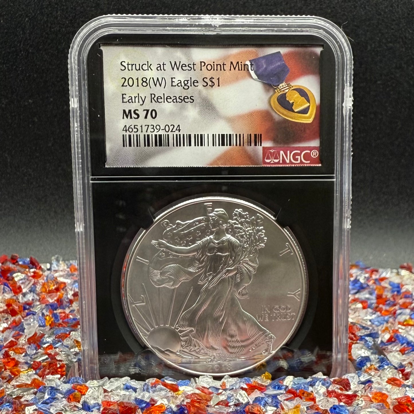 2018 $1 American Silver Eagle NGC MS70 Early Releases Purple Heart Black Holder Rare 1 of 3,360 Mint