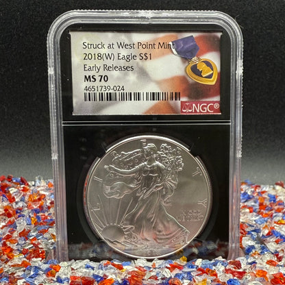 2018 $1 American Silver Eagle NGC MS70 Early Releases Purple Heart Black Holder Rare 1 of 3,360 Mint