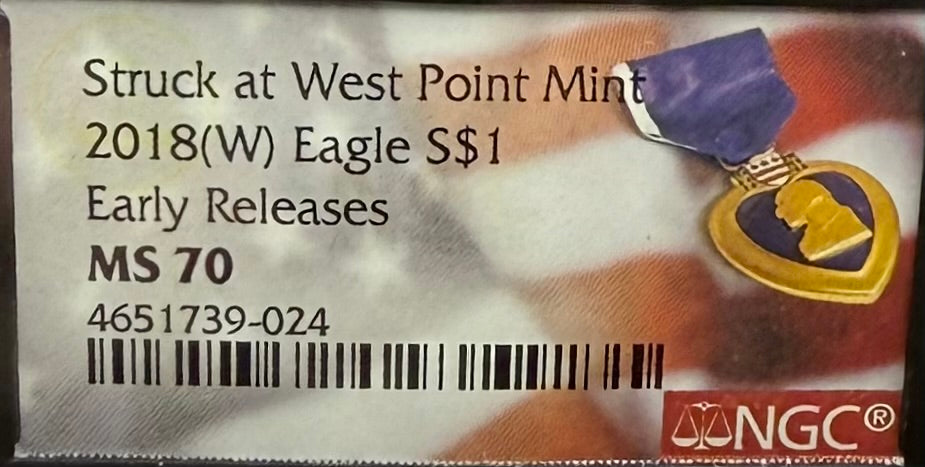 2018 $1 American Silver Eagle NGC MS70 Early Releases Purple Heart Black Holder Rare 1 of 3,360 Mint