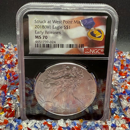 2018 $1 American Silver Eagle NGC MS70 Early Releases Purple Heart Black Holder Rare 1 of 3,360 Mint