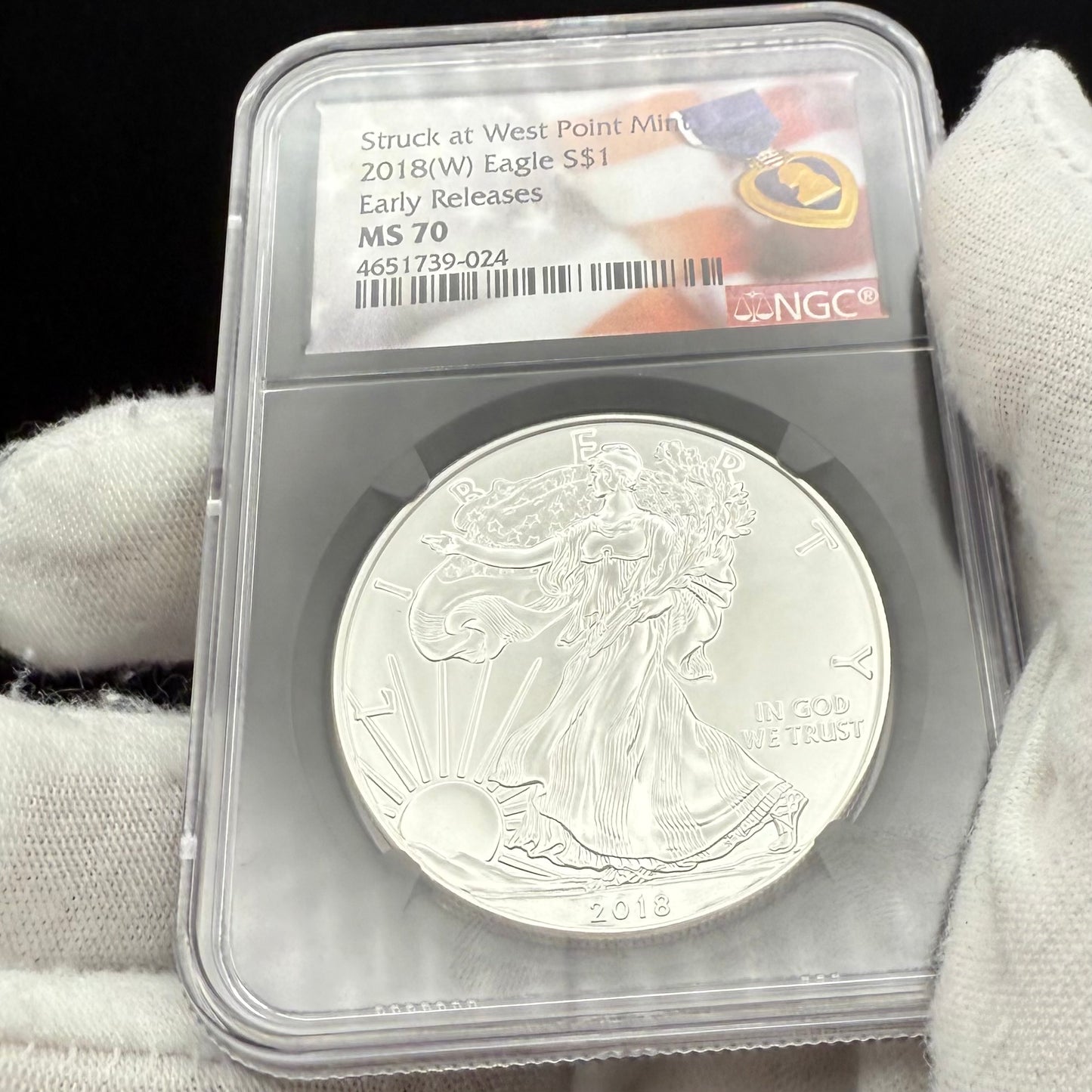 2018 $1 American Silver Eagle NGC MS70 Early Releases Purple Heart Black Holder Rare 1 of 3,360 Mint