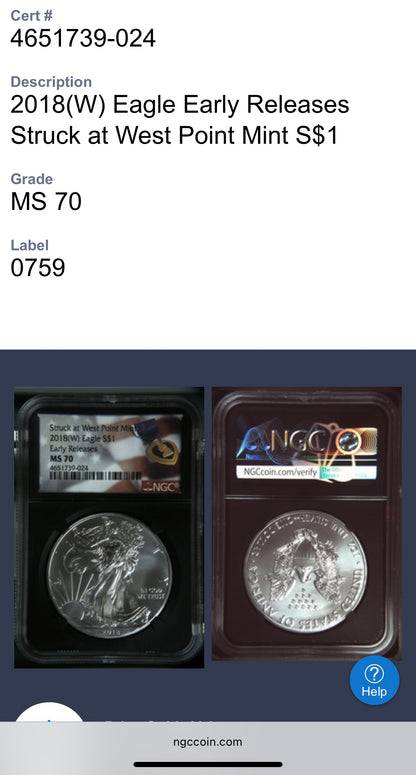 2018 $1 American Silver Eagle NGC MS70 Early Releases Purple Heart Black Holder Rare 1 of 3,360 Mint