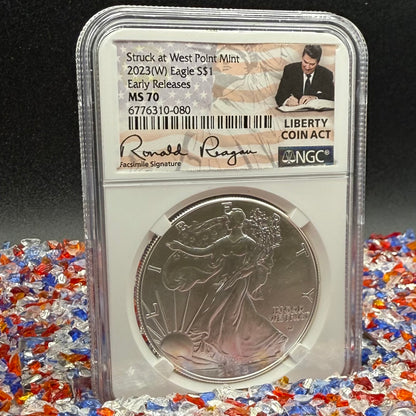 2023 $1 American Silver Eagle NGC MS70 Early Releases Liberty Coin Act Ronald Reagan Signature American Flag Mint Condition (Rare 1 of 9561)