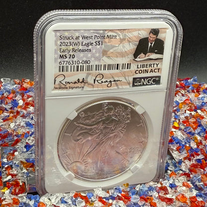 2023 $1 American Silver Eagle NGC MS70 Early Releases Liberty Coin Act Ronald Reagan Signature American Flag Mint Condition (Rare 1 of 9561)