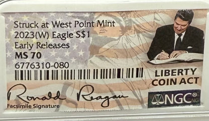 2023 $1 American Silver Eagle NGC MS70 Early Releases Liberty Coin Act Ronald Reagan Signature American Flag Mint Condition (Rare 1 of 9561)