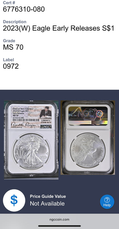 2023 $1 American Silver Eagle NGC MS70 Early Releases Liberty Coin Act Ronald Reagan Signature American Flag Mint Condition (Rare 1 of 9561)