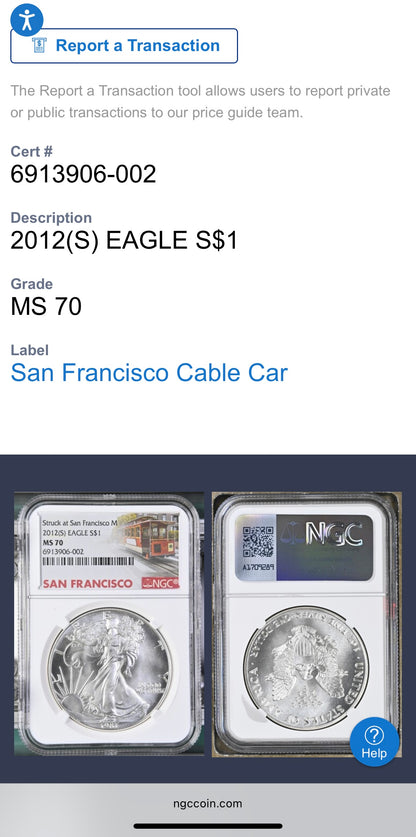 1987 (S) $1 American Silver Eagle NGC MS70 Trolley Label - NGC Label Error One of a Kind (1 of 1)