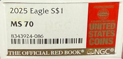 2025 $1 American Silver Eagle NGC MS70 Business Strike The Official Red Book Label