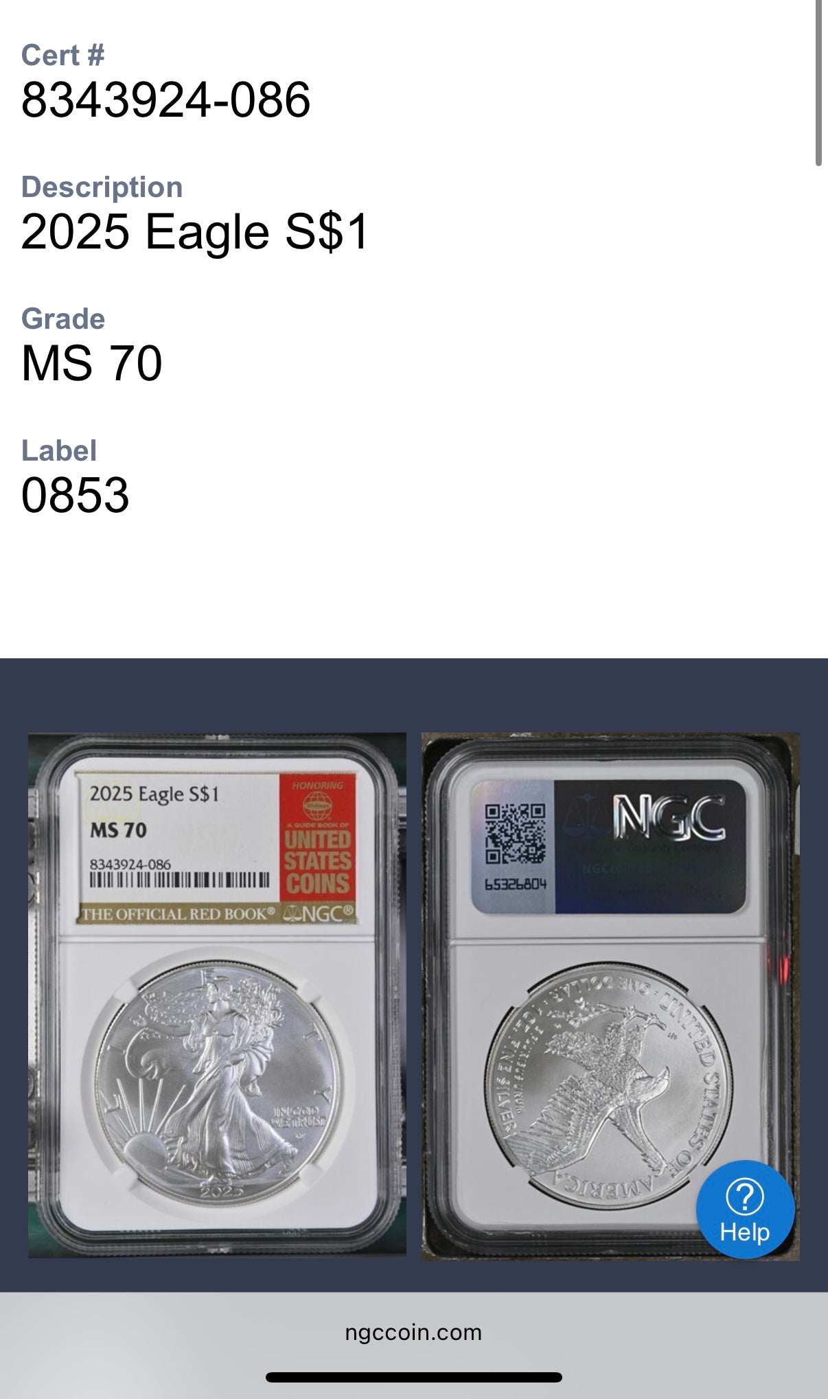 2025 $1 American Silver Eagle NGC MS70 Business Strike The Official Red Book Label