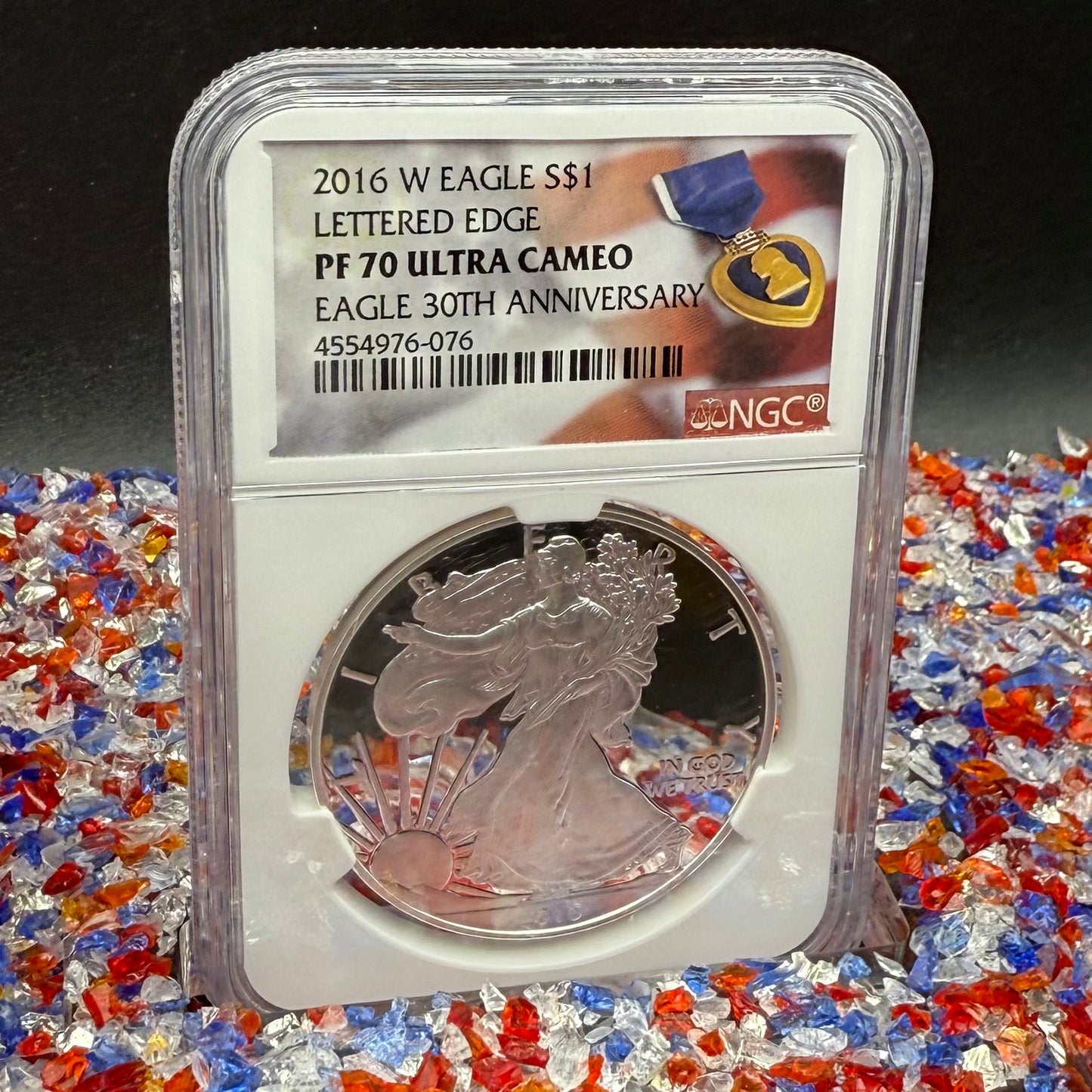 Proof 2016 (W) $1 American Silver Eagle NGC PF70UC Purple Heart Lettered Edge 30th Anniversary Label White Holder