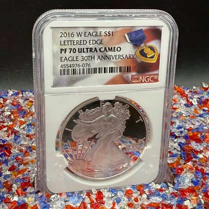 Proof 2016 (W) $1 American Silver Eagle NGC PF70UC Purple Heart Lettered Edge 30th Anniversary Label White Holder