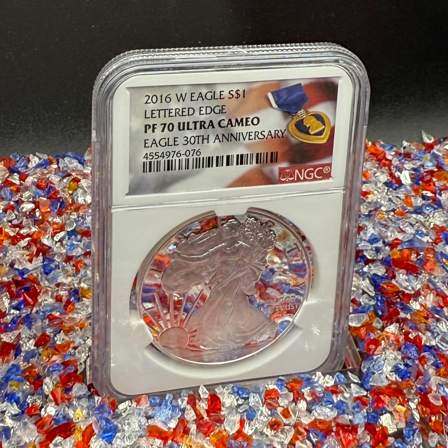 Proof 2016 (W) $1 American Silver Eagle NGC PF70UC Purple Heart Lettered Edge 30th Anniversary Label White Holder