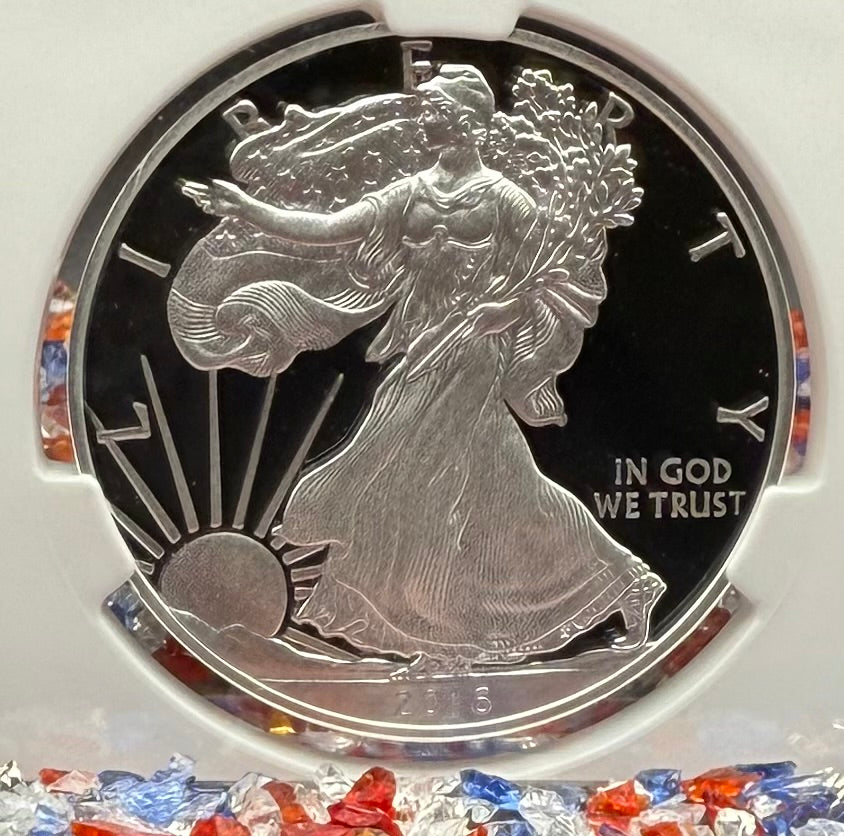 Proof 2016 (W) $1 American Silver Eagle NGC PF70UC Purple Heart Lettered Edge 30th Anniversary Label White Holder