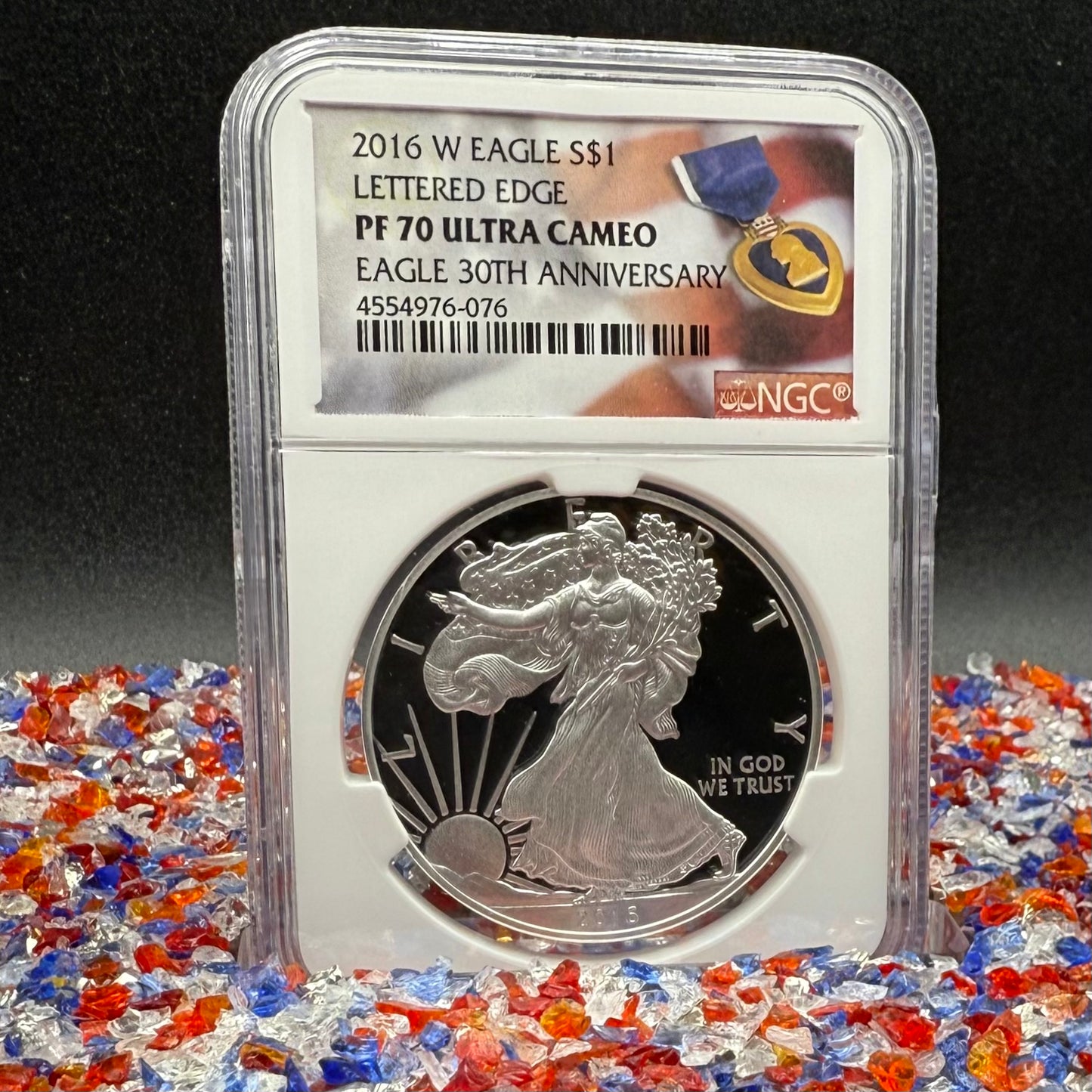 Proof 2016 (W) $1 American Silver Eagle NGC PF70UC Purple Heart Lettered Edge 30th Anniversary Label White Holder
