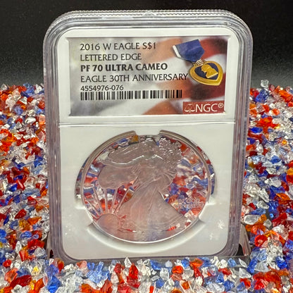 Proof 2016 (W) $1 American Silver Eagle NGC PF70UC Purple Heart Lettered Edge 30th Anniversary Label White Holder