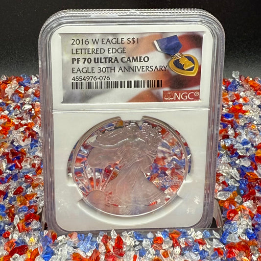 Proof 2016 (W) $1 American Silver Eagle NGC PF70UC Purple Heart Lettered Edge 30th Anniversary Label White Holder