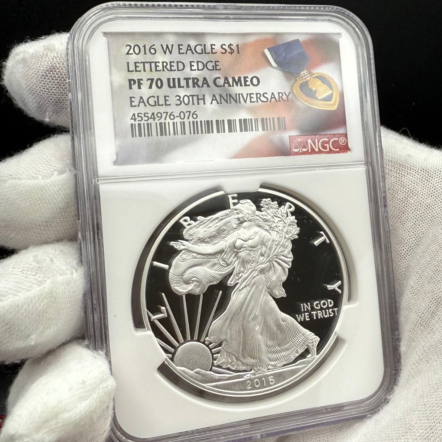 Proof 2016 (W) $1 American Silver Eagle NGC PF70UC Purple Heart Lettered Edge 30th Anniversary Label White Holder