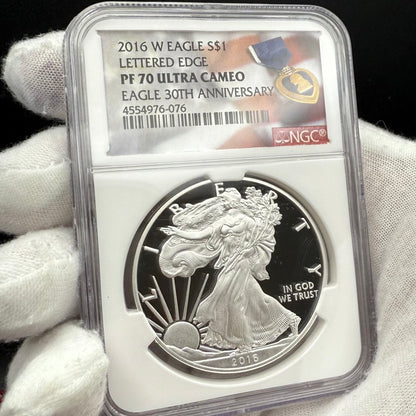 Proof 2016 (W) $1 American Silver Eagle NGC PF70UC Purple Heart Lettered Edge 30th Anniversary Label White Holder