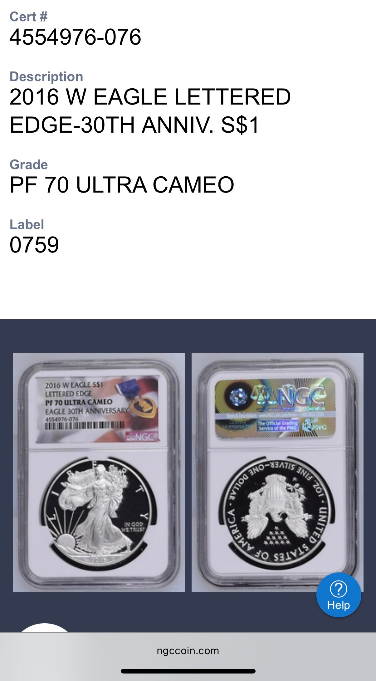 Proof 2016 (W) $1 American Silver Eagle NGC PF70UC Purple Heart Lettered Edge 30th Anniversary Label White Holder