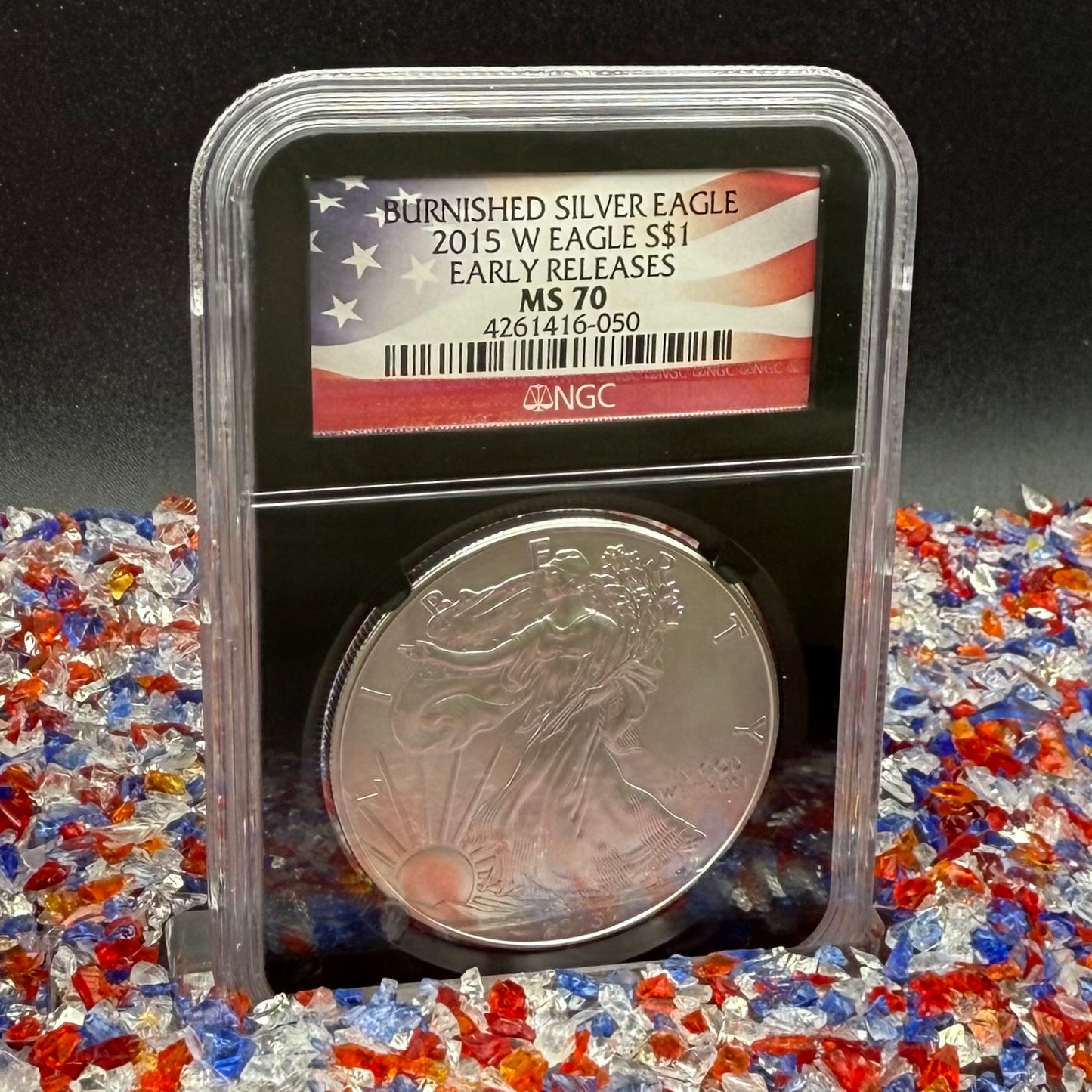 Burnished 2015 (W) $1 American Silver Eagle NGC MS70 Early Releases American Flag Label (1 of 3,674)