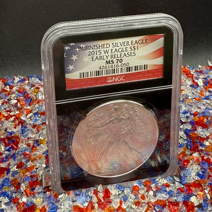 Burnished 2015 (W) $1 American Silver Eagle NGC MS70 Early Releases American Flag Label (1 of 3,674)