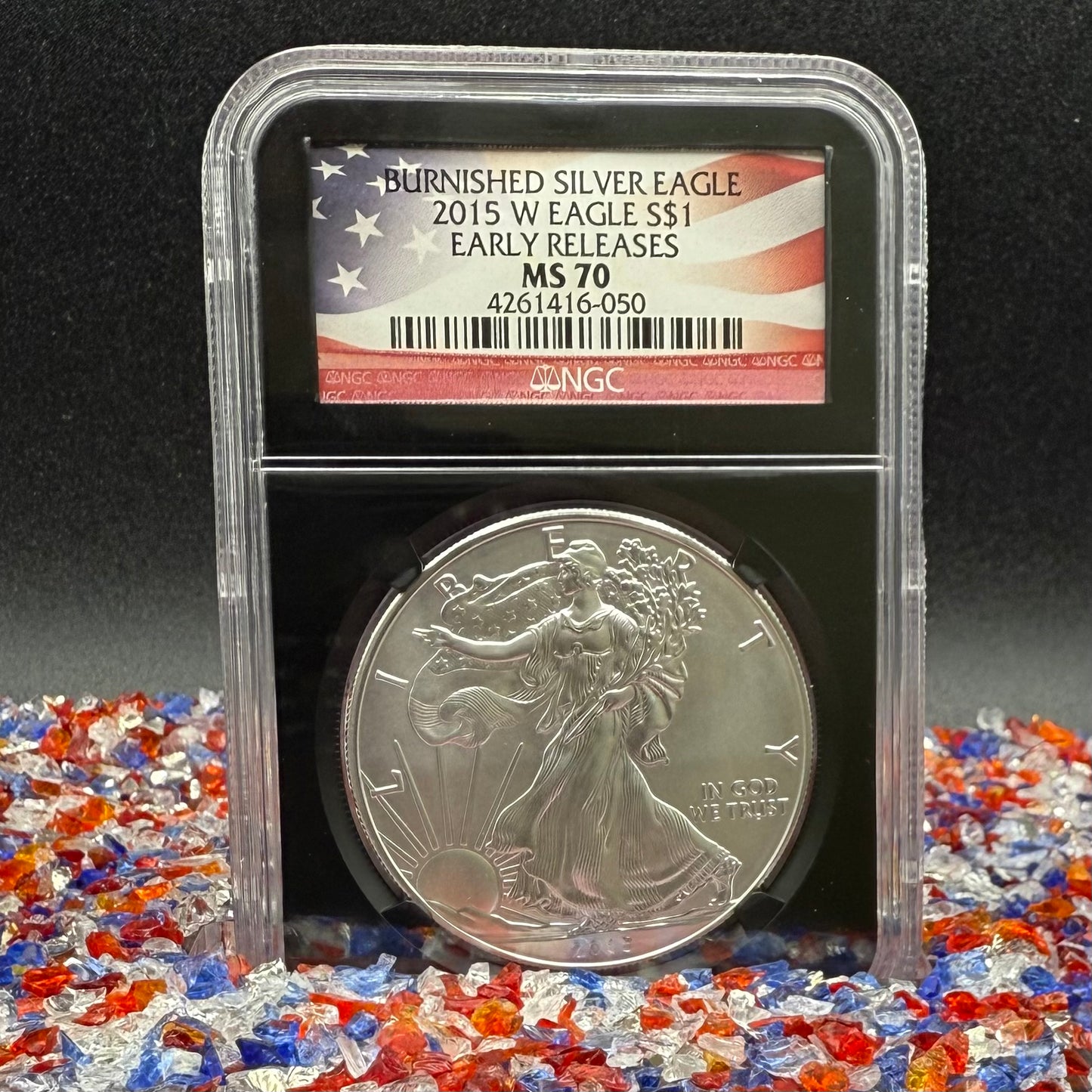 Burnished 2015 (W) $1 American Silver Eagle NGC MS70 Early Releases American Flag Label (1 of 3,674)