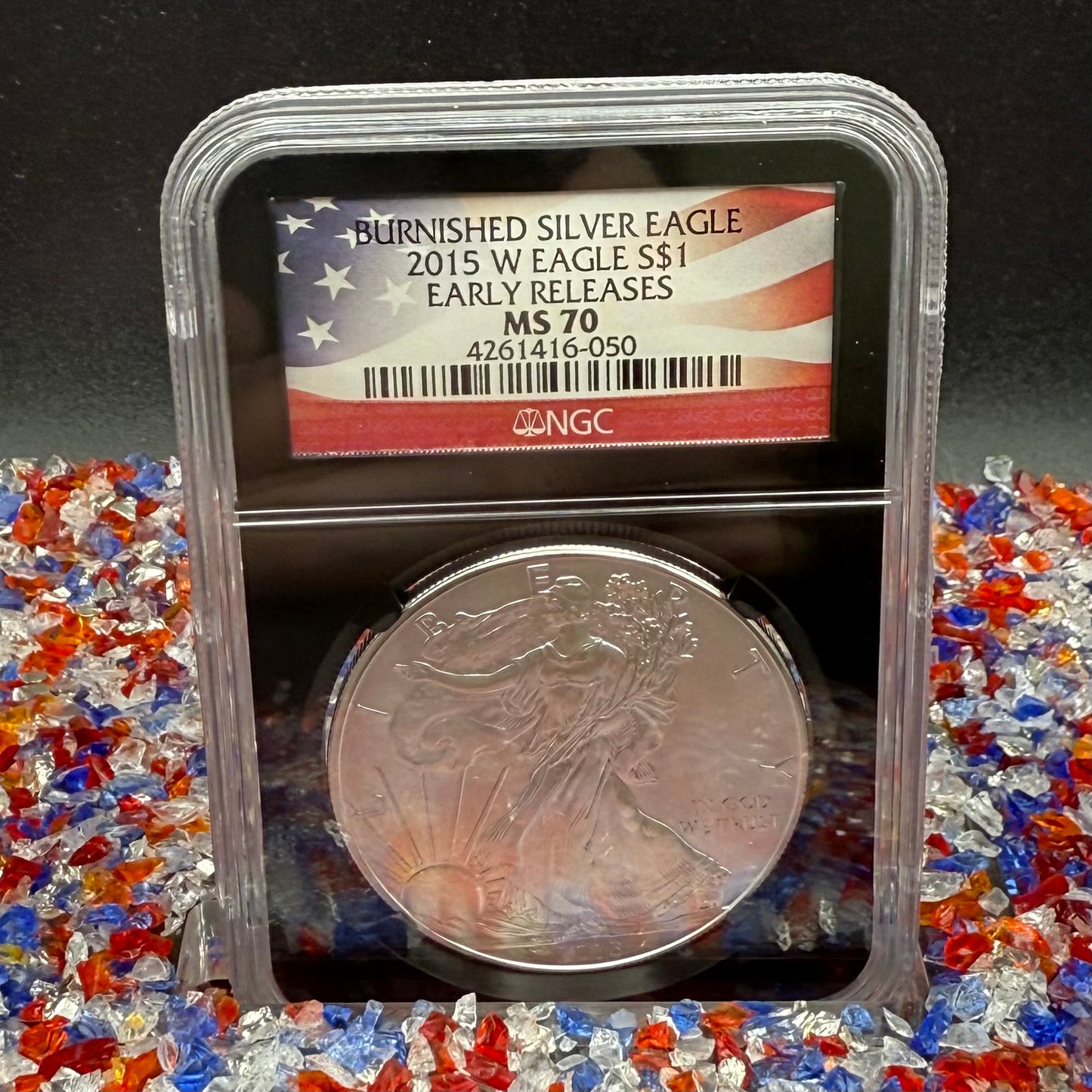 Burnished 2015 (W) $1 American Silver Eagle NGC MS70 Early Releases American Flag Label (1 of 3,674)