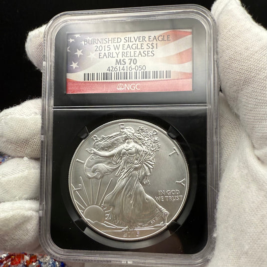 Burnished 2015 (W) $1 American Silver Eagle NGC MS70 Early Releases American Flag Label (1 of 3,674)