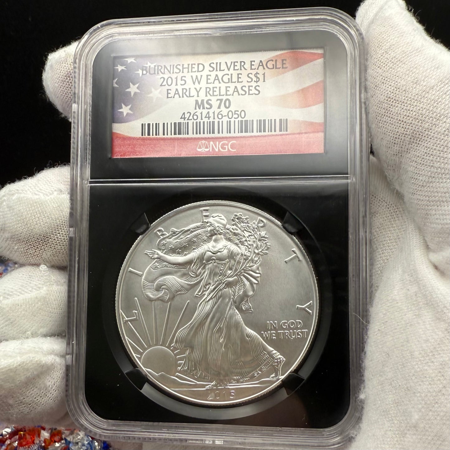 Burnished 2015 (W) $1 American Silver Eagle NGC MS70 Early Releases American Flag Label (1 of 3,674)