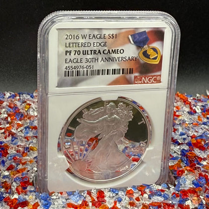 Proof 2016 (W) $1 American Silver Eagle NGC PF70UC Purple Heart Lettered Edge 30th Anniversary Label White Holder