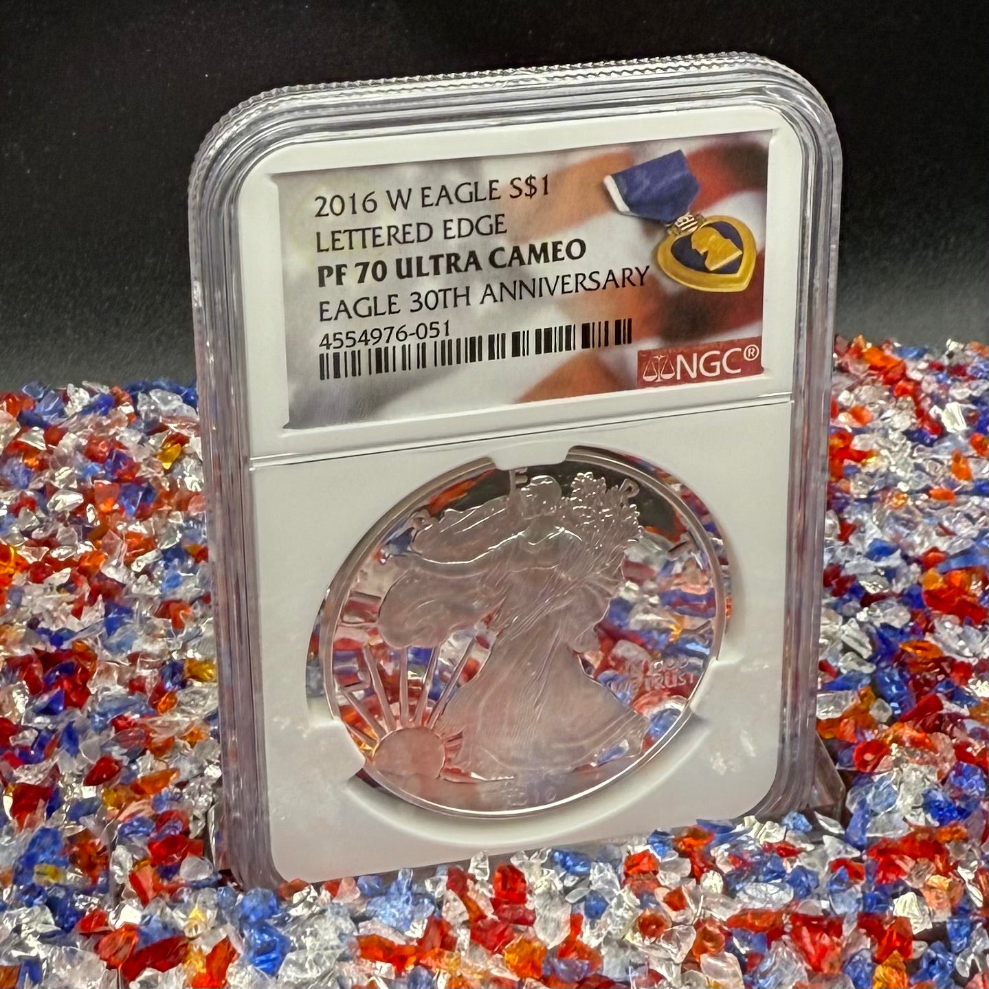 Proof 2016 (W) $1 American Silver Eagle NGC PF70UC Purple Heart Lettered Edge 30th Anniversary Label White Holder
