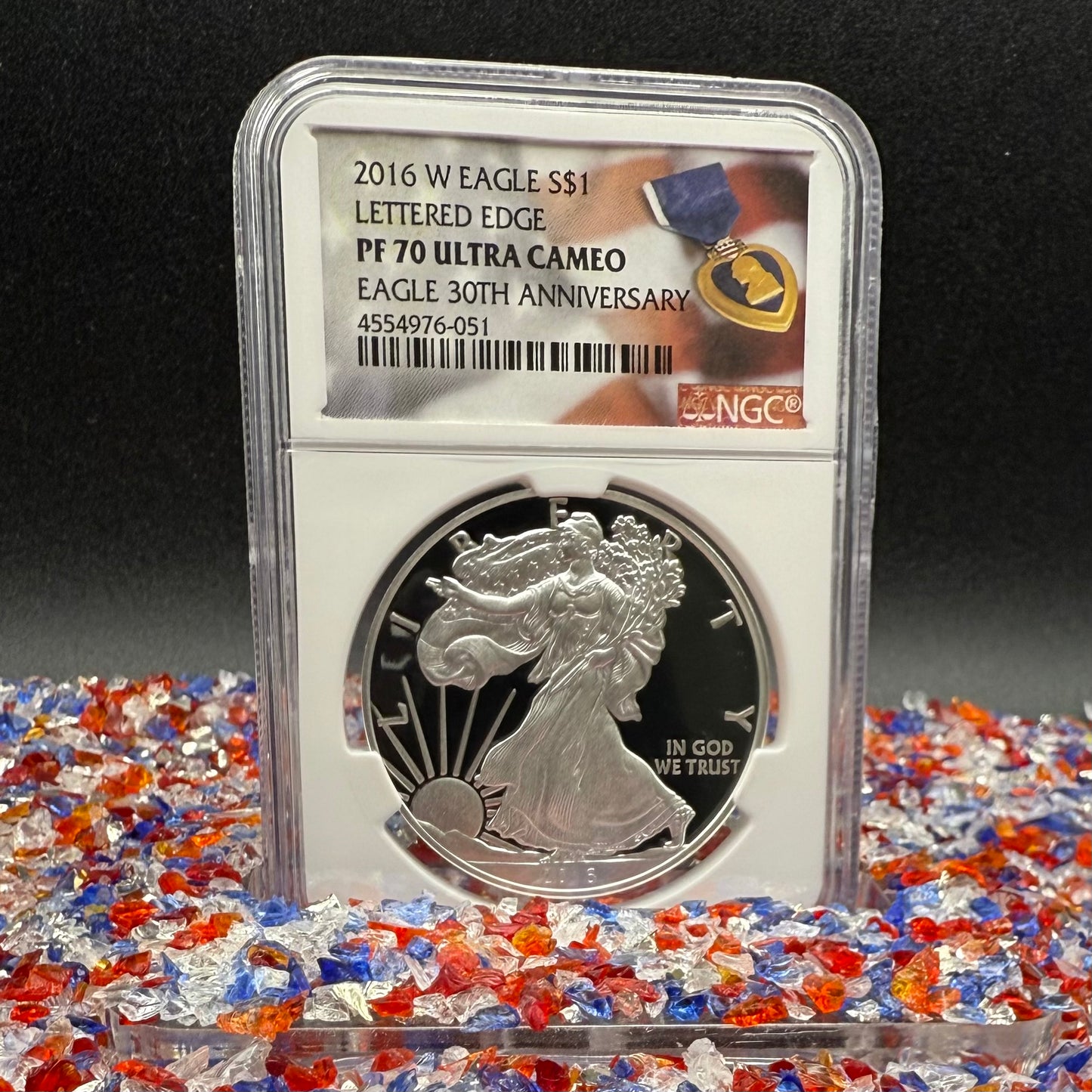 Proof 2016 (W) $1 American Silver Eagle NGC PF70UC Purple Heart Lettered Edge 30th Anniversary Label White Holder