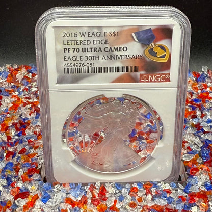 Proof 2016 (W) $1 American Silver Eagle NGC PF70UC Purple Heart Lettered Edge 30th Anniversary Label White Holder