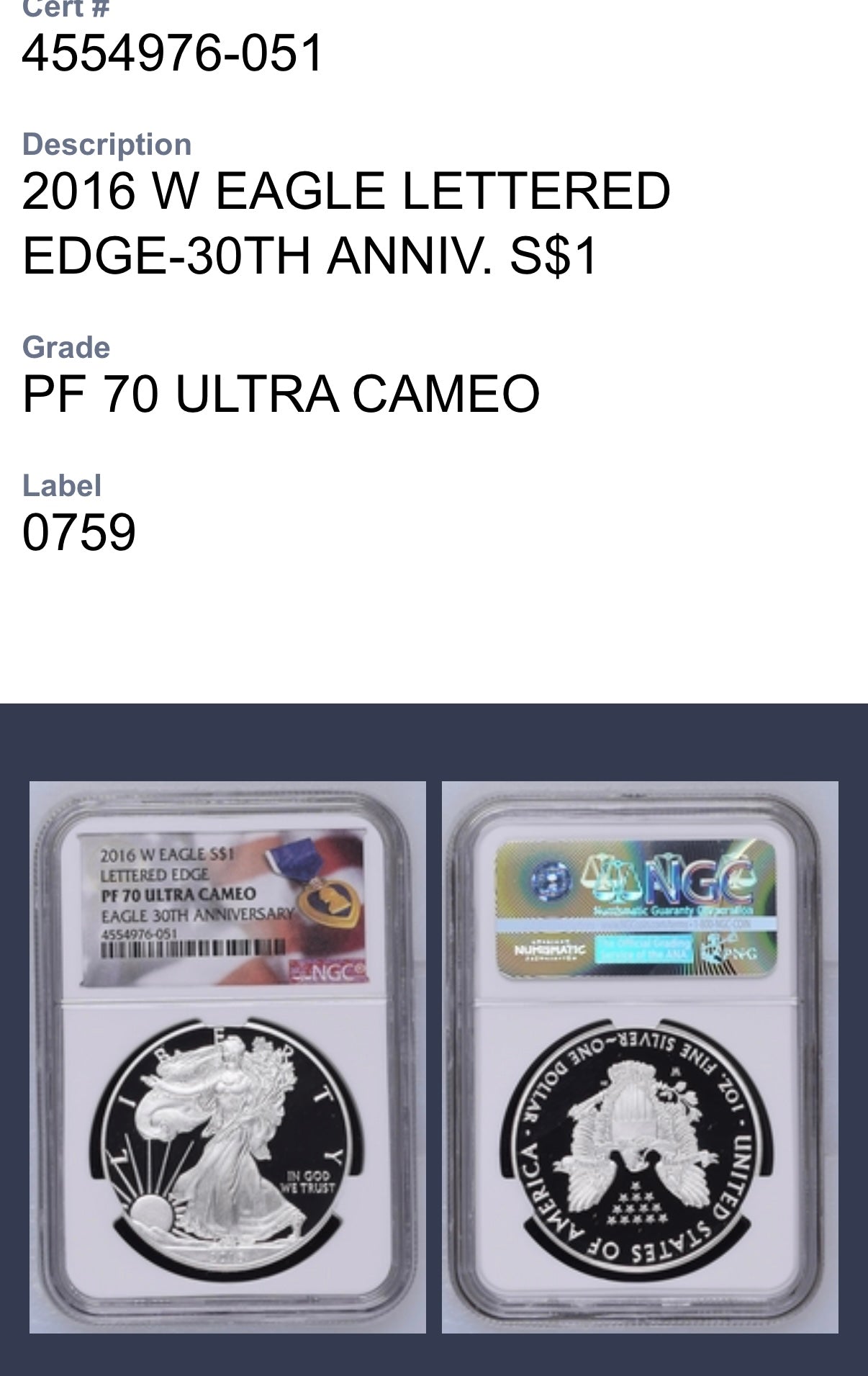 Proof 2016 (W) $1 American Silver Eagle NGC PF70UC Purple Heart Lettered Edge 30th Anniversary Label White Holder