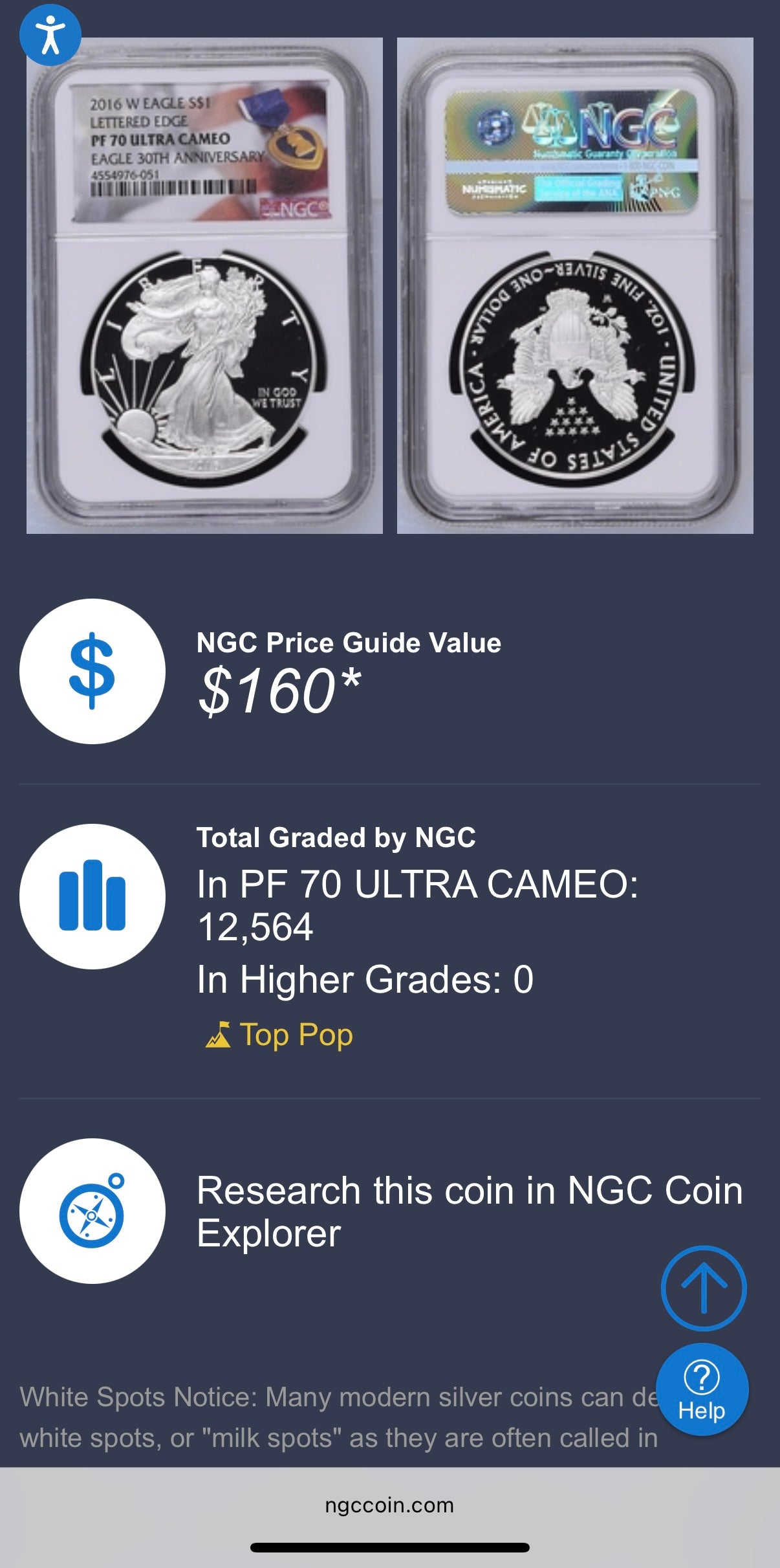 Proof 2016 (W) $1 American Silver Eagle NGC PF70UC Purple Heart Lettered Edge 30th Anniversary Label White Holder
