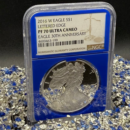 Proof 2016 (W) $1 American Silver Eagle NGC PF70UC Brown Lettered Edge 30th Anniversary Label Rare Blue Holder