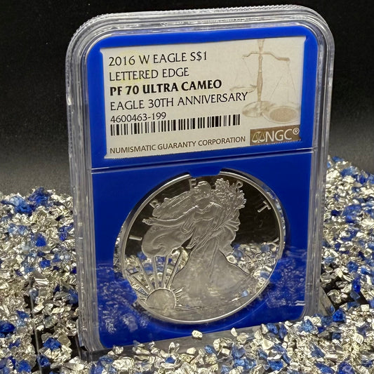 Proof 2016 (W) $1 American Silver Eagle NGC PF70UC Brown Lettered Edge 30th Anniversary Label Rare Blue Holder