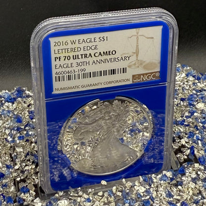 Proof 2016 (W) $1 American Silver Eagle NGC PF70UC Brown Lettered Edge 30th Anniversary Label Rare Blue Holder