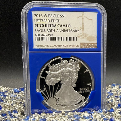 Proof 2016 (W) $1 American Silver Eagle NGC PF70UC Brown Lettered Edge 30th Anniversary Label Rare Blue Holder