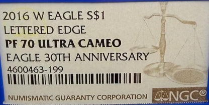 Proof 2016 (W) $1 American Silver Eagle NGC PF70UC Brown Lettered Edge 30th Anniversary Label Rare Blue Holder