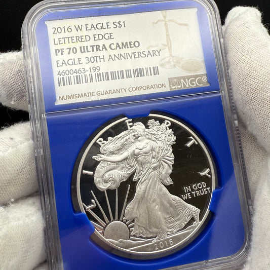 Proof 2016 (W) $1 American Silver Eagle NGC PF70UC Brown Lettered Edge 30th Anniversary Label Rare Blue Holder